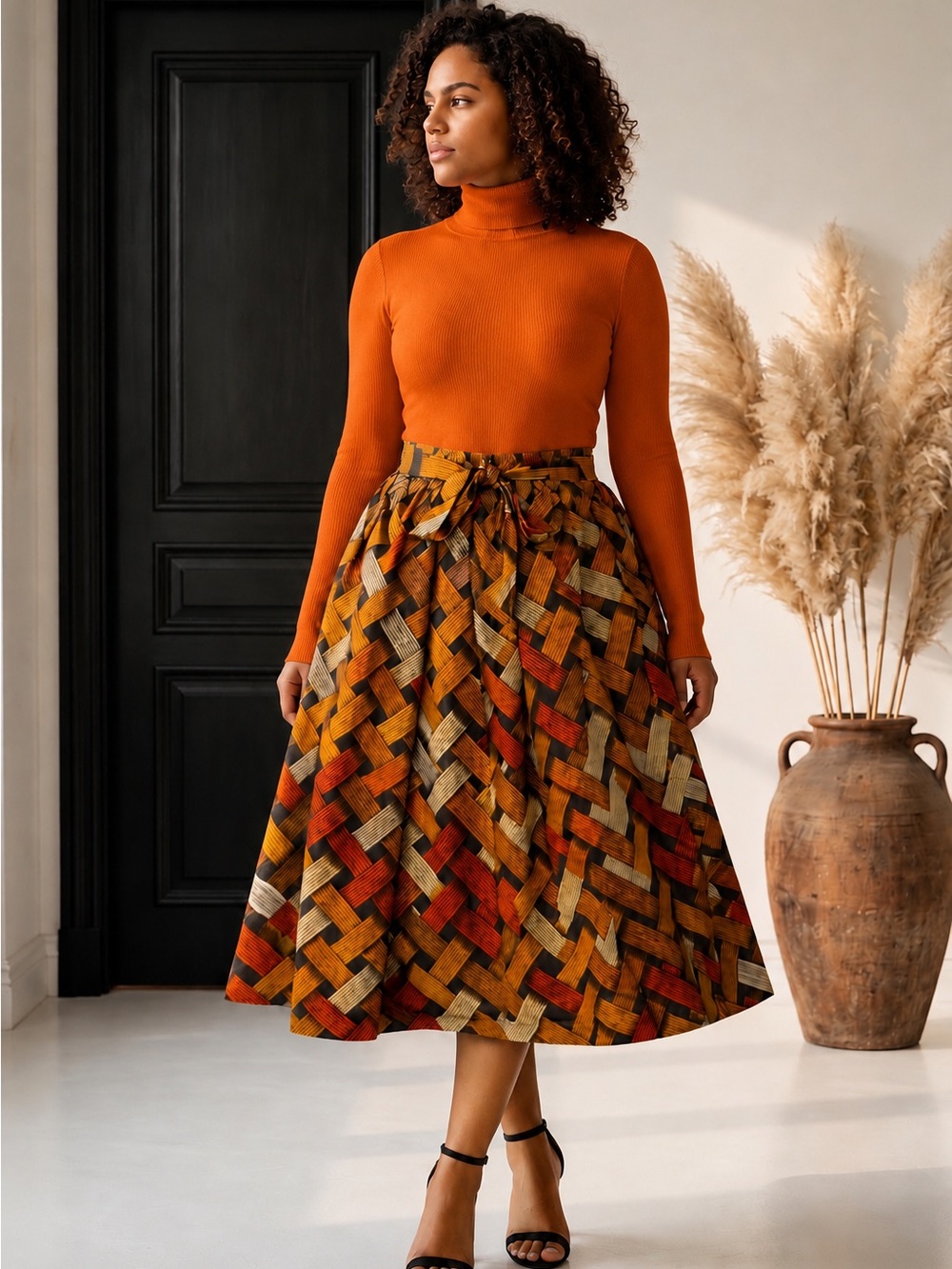 Women Ankara Midi Flare Skirt with Head Wrap